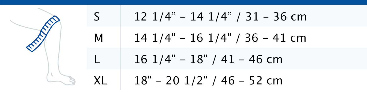 Size chart showing measurements for Actimove Everyday Supports Knee Support with Closed Patella with 2 Stays
 Size chart showing measurements for Actimove Everyday Supports Knee Support with Closed Patella with 2 Stays